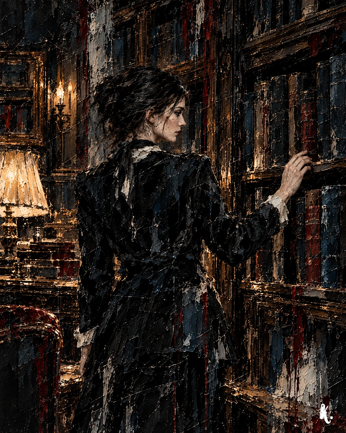 Flore parcourant les livres d’une bibliothèque