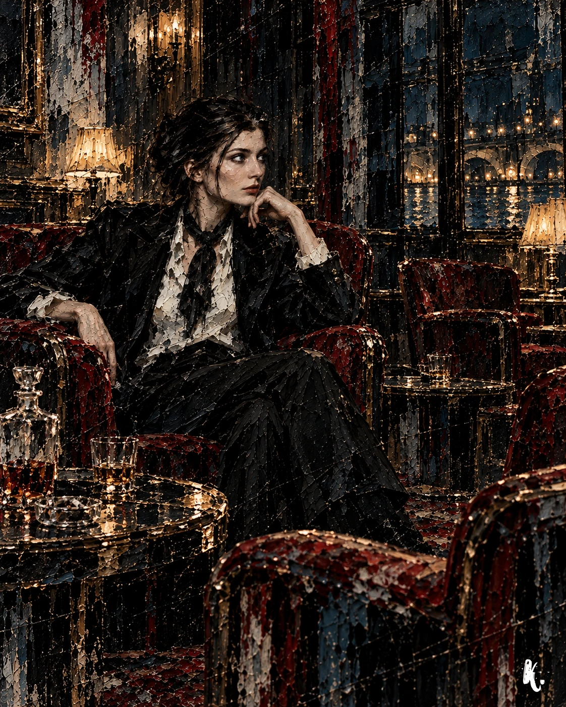 Flore seule au milieu des fauteuils d’un salon