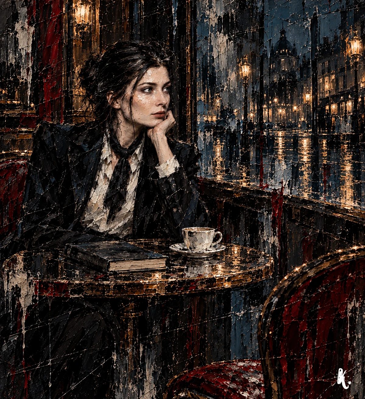 Flore pensive près d’une fenêtre de café