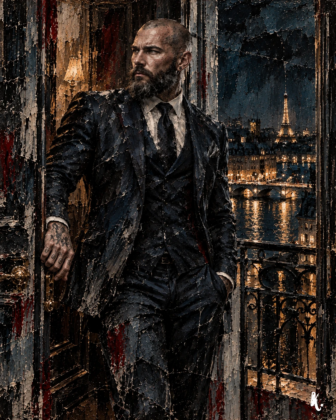 Raphaël debout à l'entrée d'un intérieur ouvert sur la nuit parisienne.