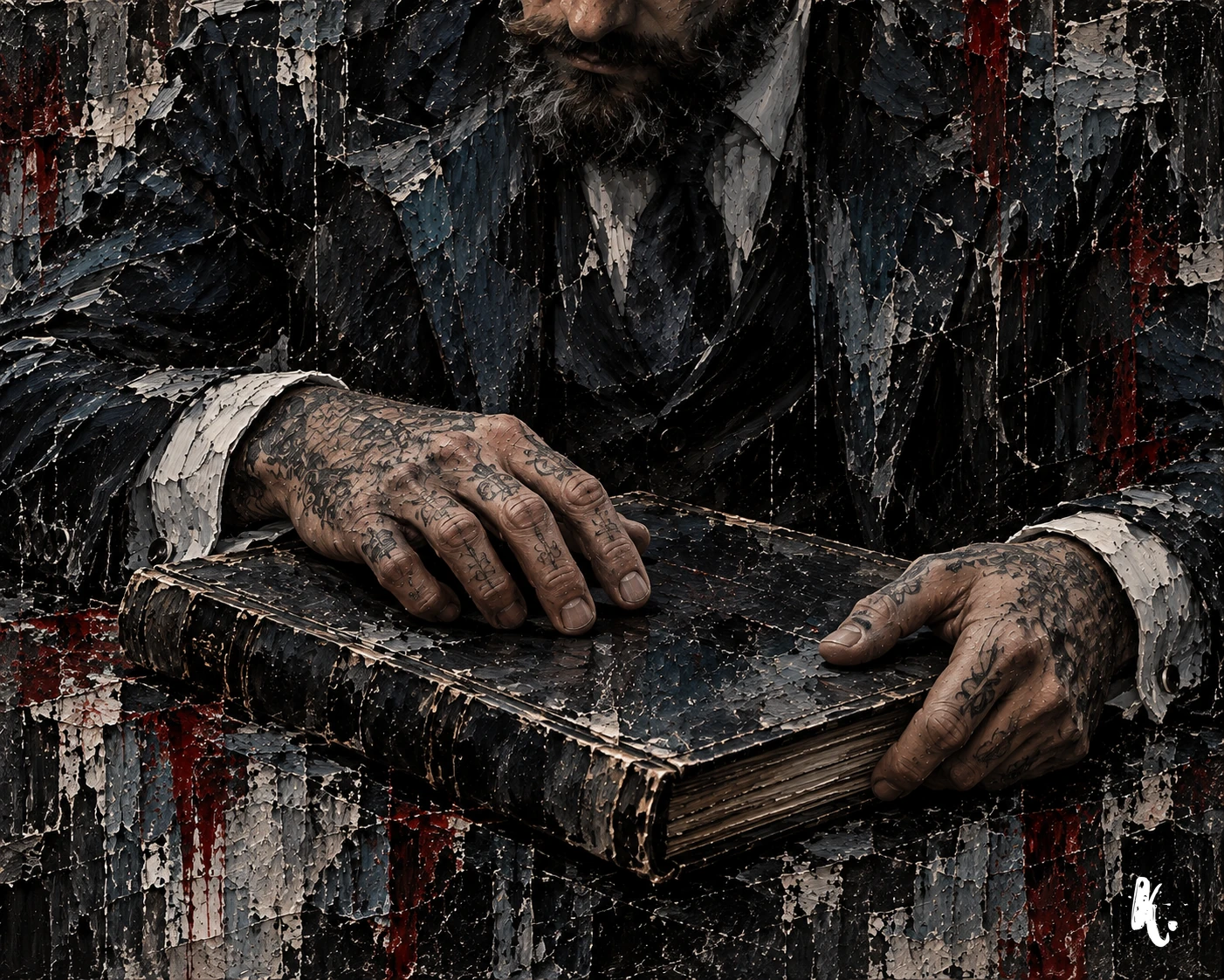 Les mains tatouées de Raphaël sur un album fermé.