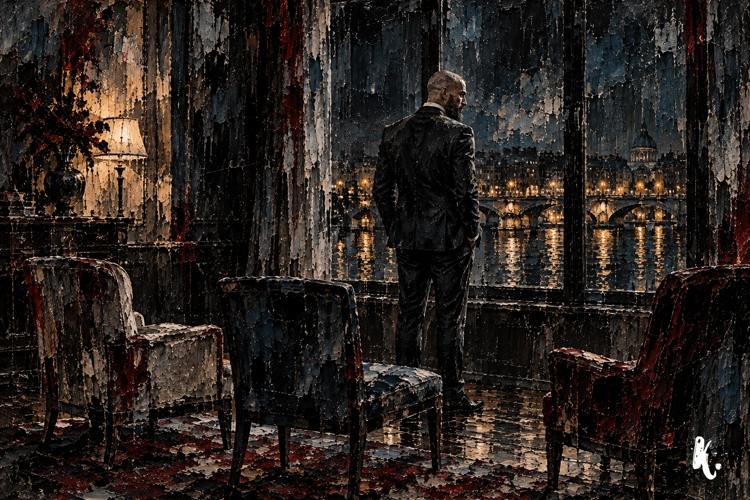 Raphaël face à une fenêtre, avec des chaises vides dans un intérieur nocturne.