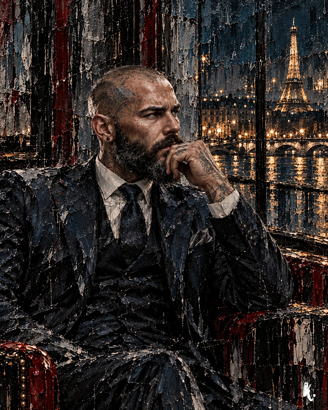 Raphaël observe la ville nocturne depuis une fenêtre.