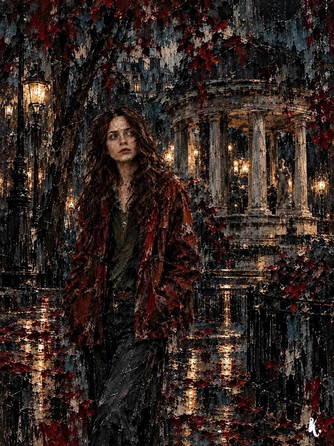 Rose près d'une balustrade dans le Paris nocturne