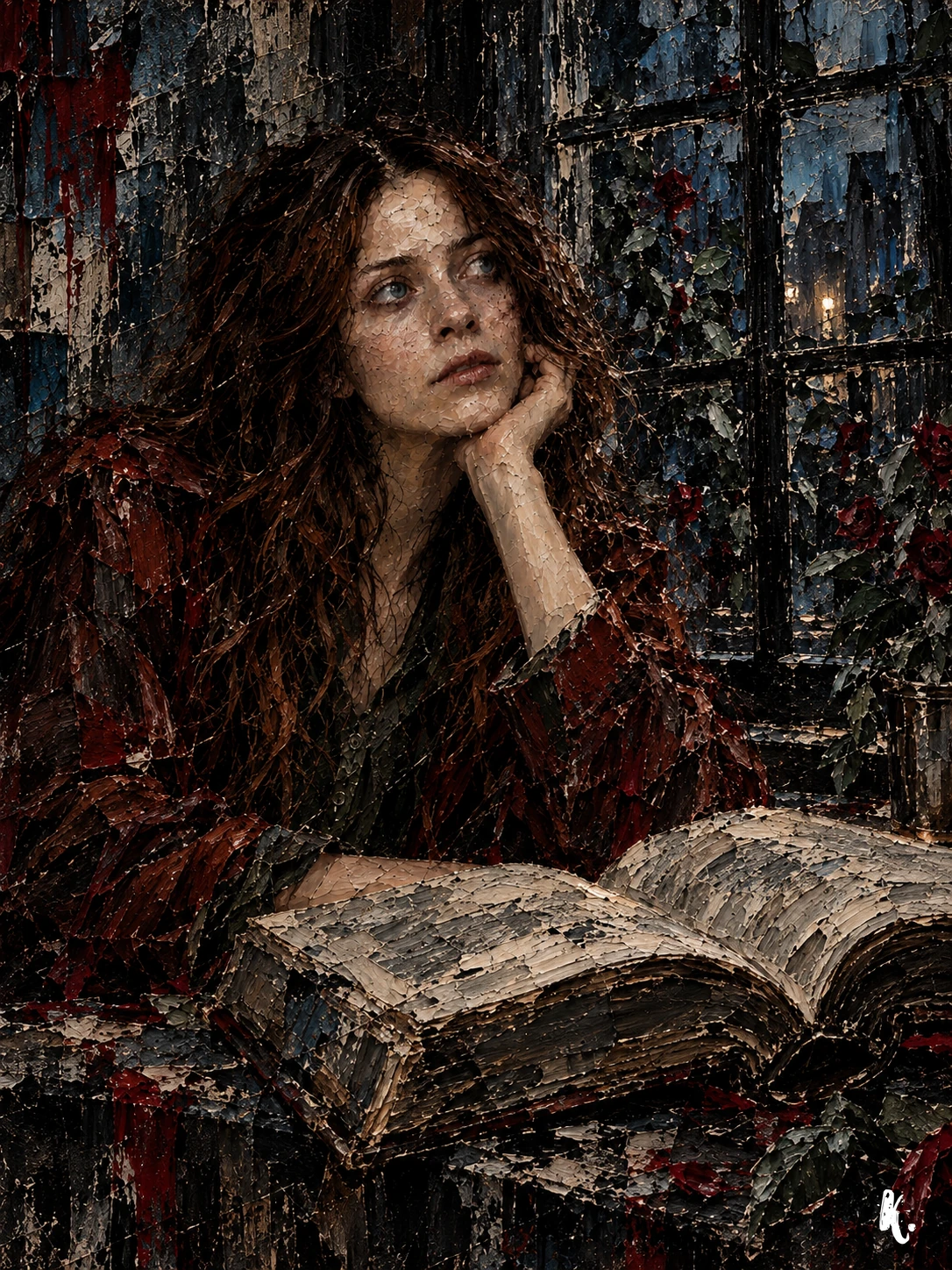 Rose songeuse devant un livre ouvert