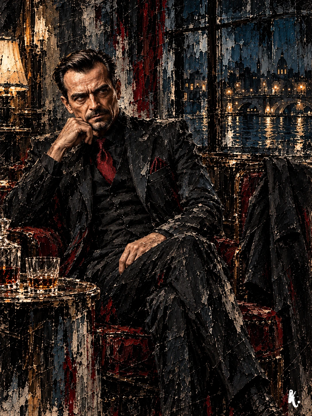 Vittorio assis et pensif dans un salon sombre